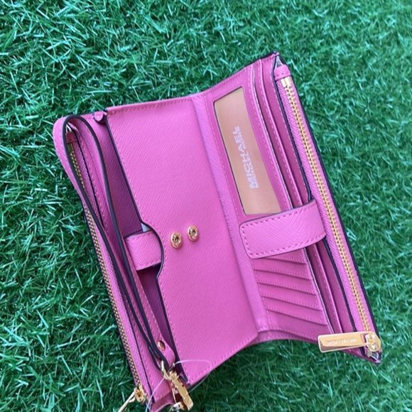 Michael Kors Jet Set Travel Large Double Zip Wristlet Wallet Rosewood Leather - Picture 8 of 16